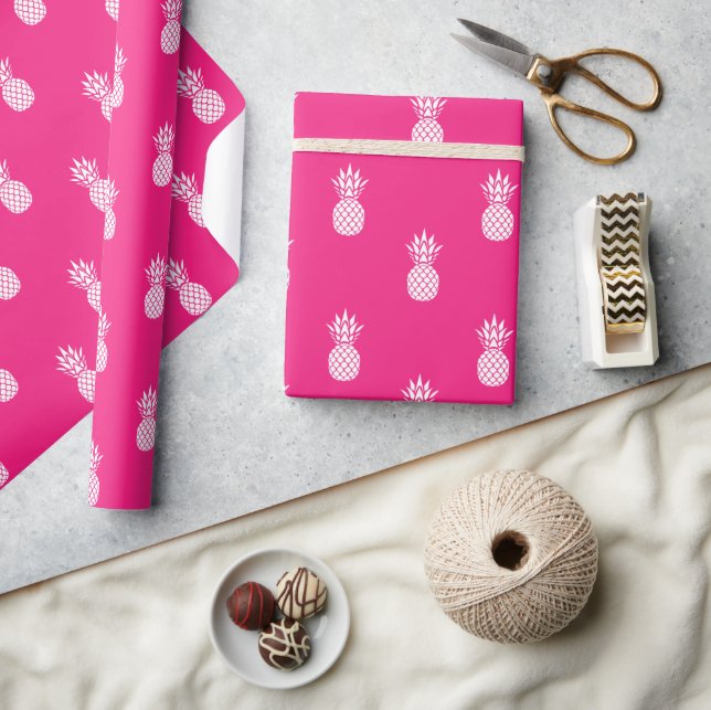 Preppy White Pineapples on Bright Pink Wrapping Paper (Crafts)