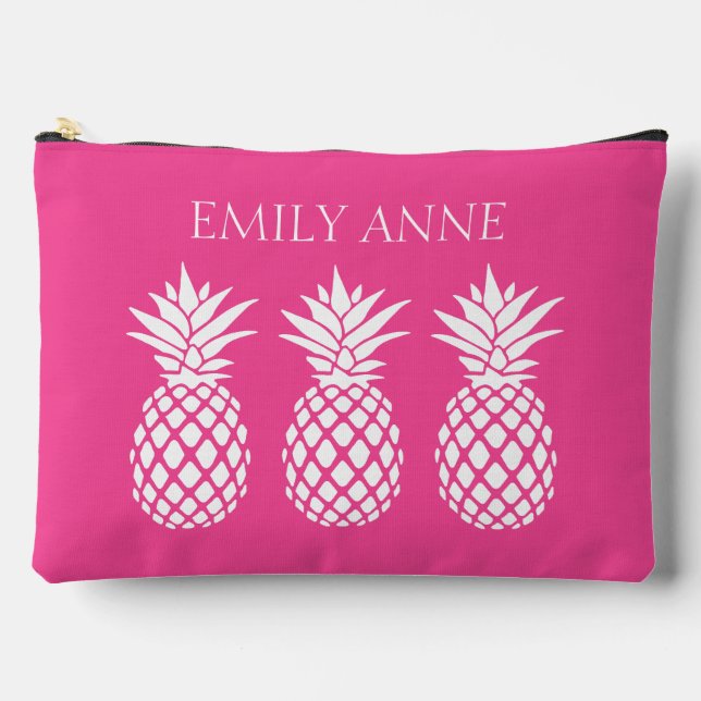 Preppy White Pineapples on Pink Accessory Pouch (Front)