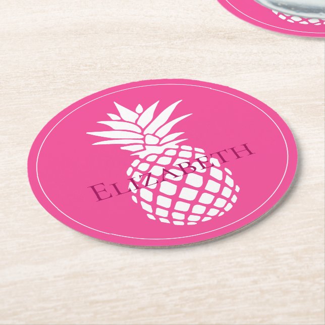 Preppy White Pineapples on Pink Round Paper Coaster (Angled)