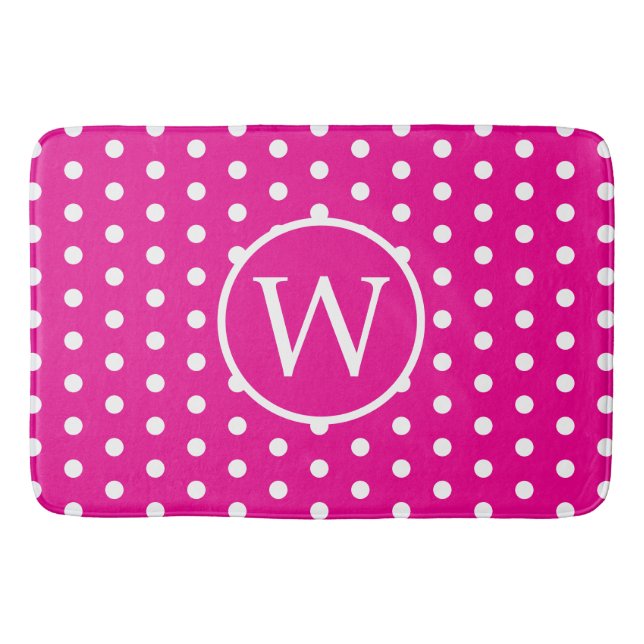 Preppy White Polka Dots on Bright Pink Bath Mat (Front)