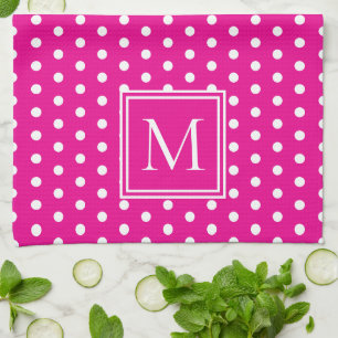 Preppy White Polka Dots on Bright Pink Monogram Tea Towel
