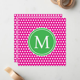Preppy White Polka Dots on Pink and Green Monogram Card