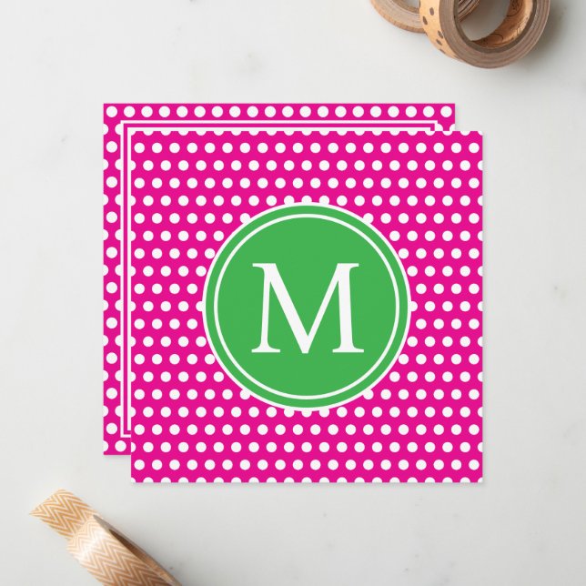 Preppy White Polka Dots on Pink and Green Monogram Card (Front/Back In Situ)