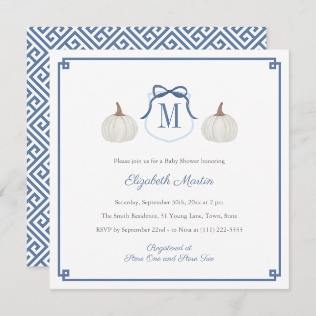 Preppy White Pumpkin Monogram Baby Boy Shower Invitation (Front/Back)
