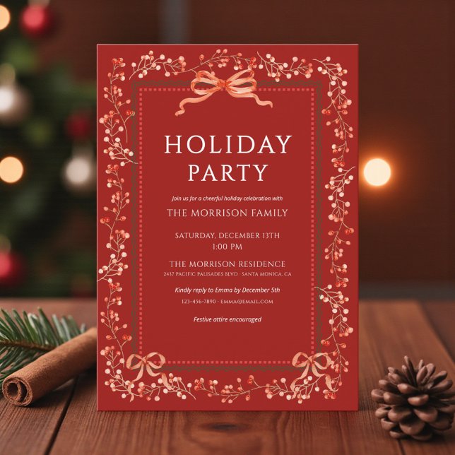 Preppy Winter Bow Botanical Holiday Party Invitation (Creator Uploaded)