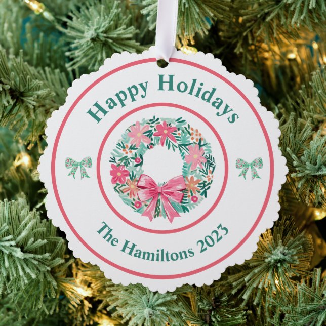 Preppy Wreath Bows Christmas Photo Ornament Card (Insitu (Tree))