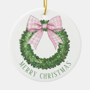 Preppy Wreath with Pink Gingham Bow  Ceramic Ornament