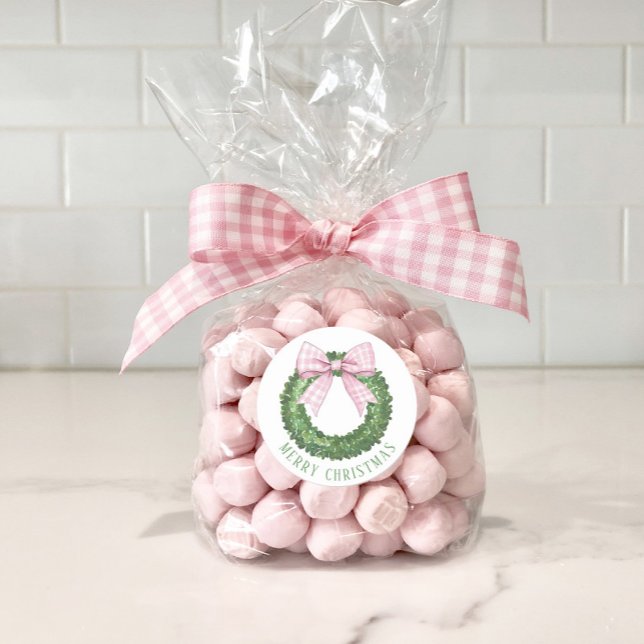 Preppy Wreath with Pink Gingham Bow  Classic Round Sticker (Creator Uploaded)