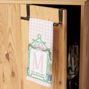 Preppy Wreath with Pink Gingham Bow  Tea Towel