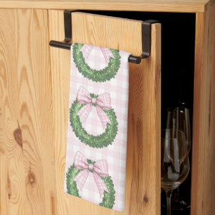 Preppy Wreath with Pink Gingham Bow  Tea Towel