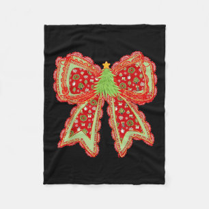 Preppy Xmas Coquette Bow Lace Merry Bright Christm Fleece Blanket