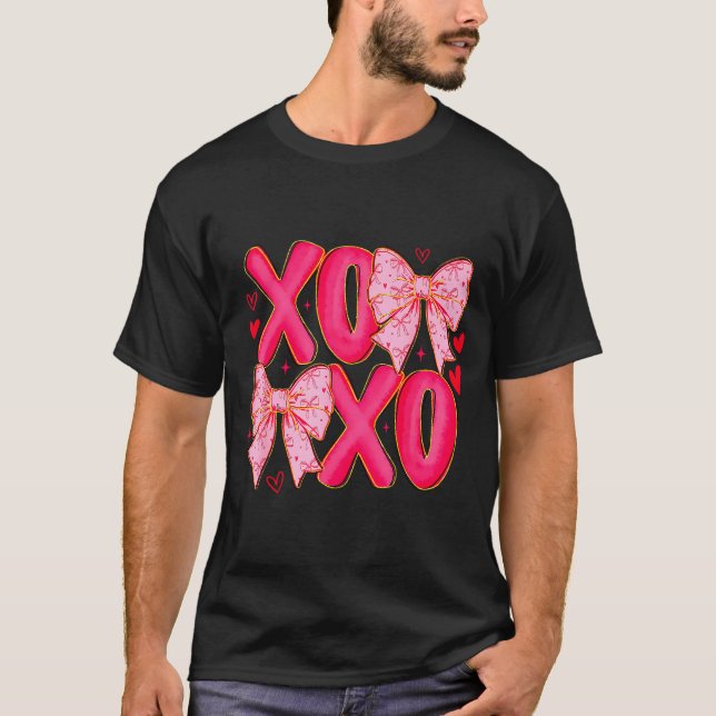 Preppy Xoxo Coquette Bow Hearts Valentine's Day Wo T-Shirt (Front)