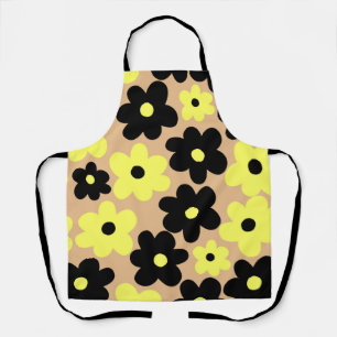 Preppy Yellow Black Hippie Flower Pattern Apron