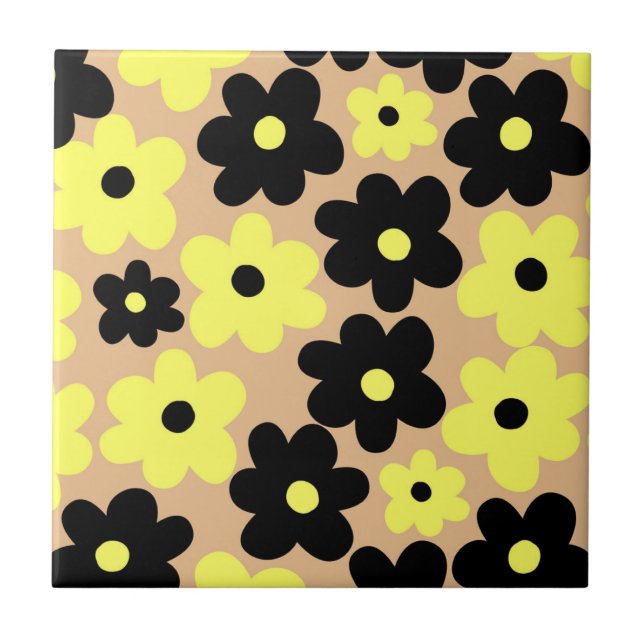 Preppy Yellow Black Hippie Flower Pattern Ceramic Tile (Front)