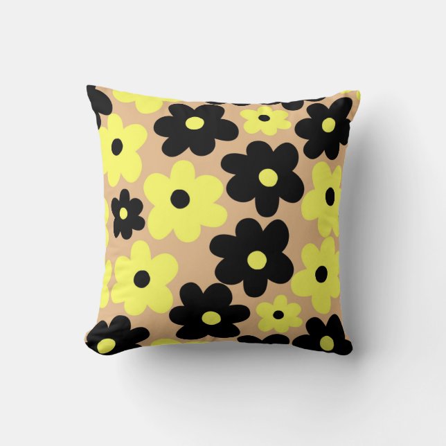 Preppy Yellow Black Hippie Flower Pattern Cushion (Front)