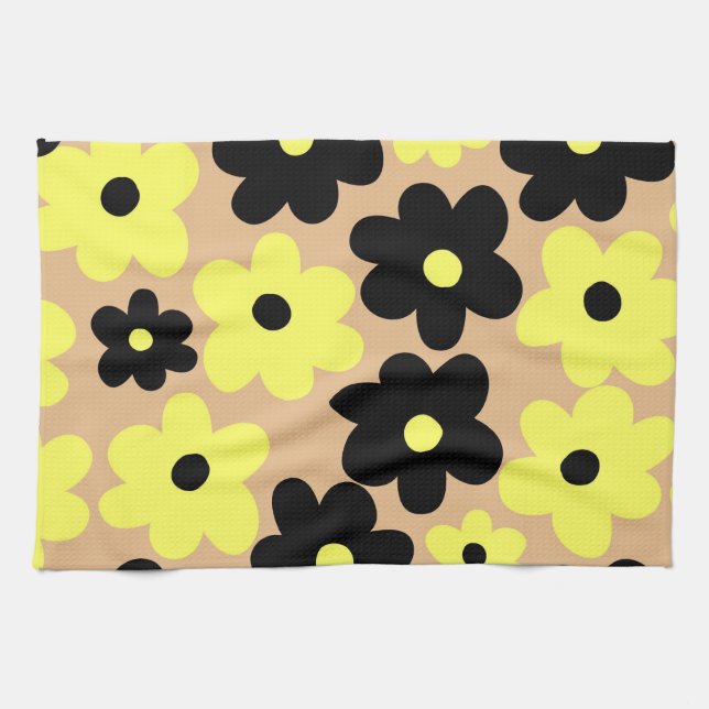 Preppy Yellow Black Hippie Flower Pattern Tea Towel (Horizontal)