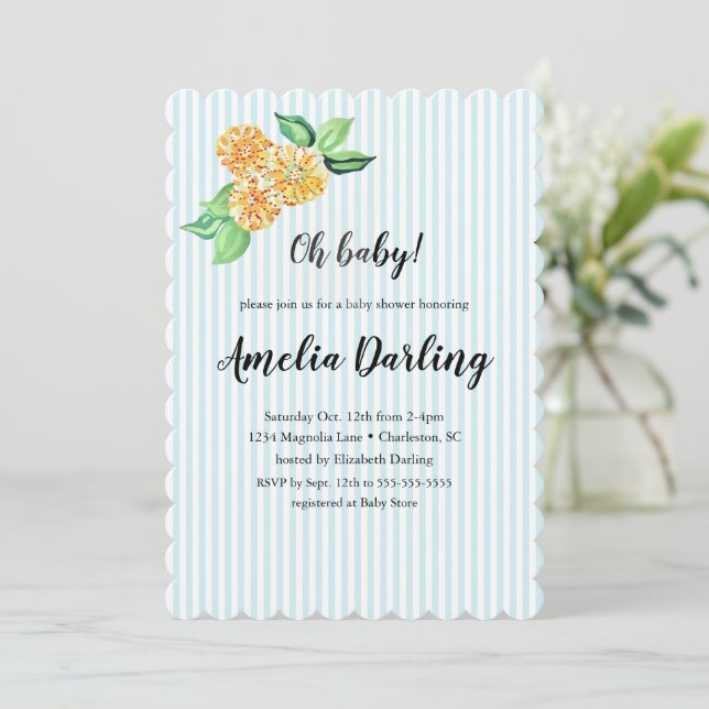 Preppy Yellow Flower Stripe Baby Shower Invitation (Standing Front)