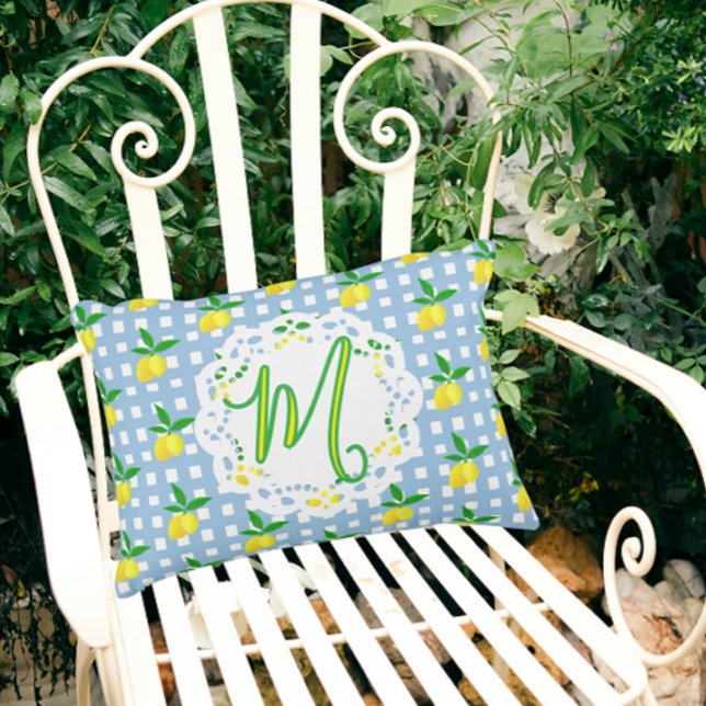  Preppy Yellow Lemons Blue White Check Monogram Decorative Cushion (Monogram for someone special!)