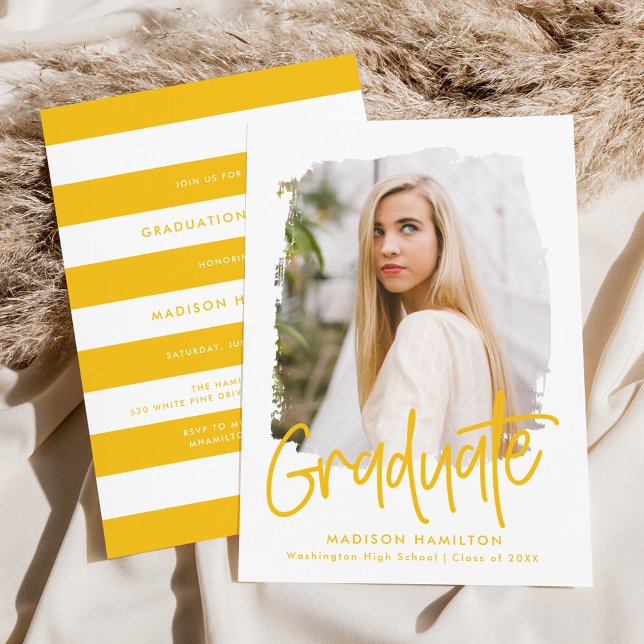 Preppy Yellow Script Photo Graduation Party Invitation (Creator Uploaded)