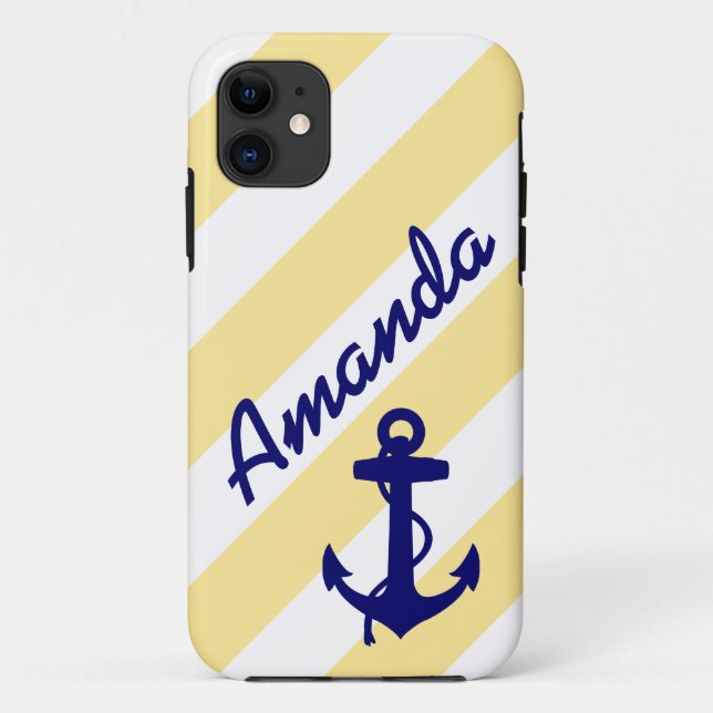 PREPPY YELLOW STRIPES BLUE ANCHOR YOUR NAME Case-Mate iPhone CASE (Back)