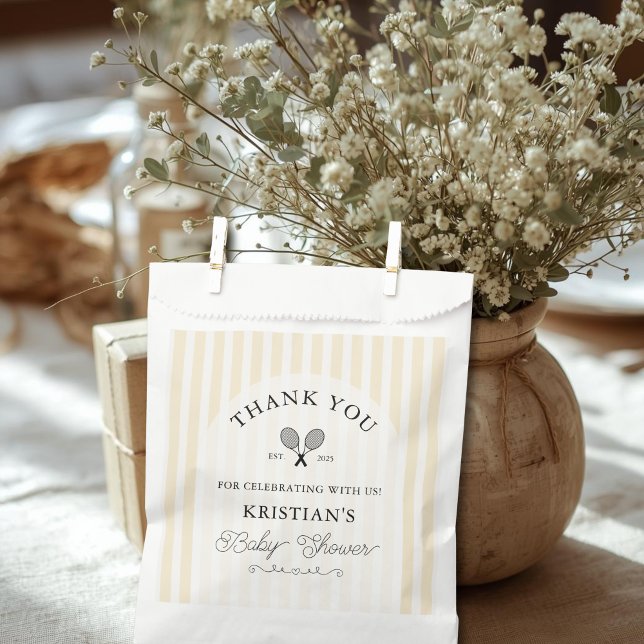 Preppy Yellow Tennis Chic Baby Shower Thank You Favour Bag (elegant yellow and white striped tennis theme baby shower favor bags for thank you gifts goodie bags)