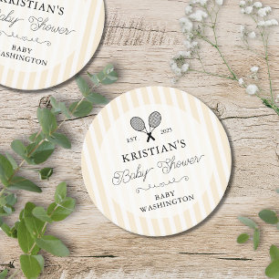 Preppy Yellow Tennis Country Club Baby Shower Round Paper Coaster