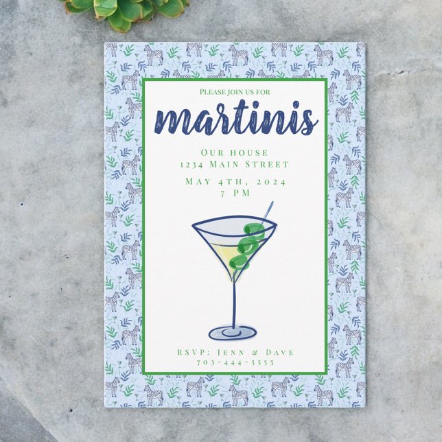 Preppy Zebra Martini / Blue Martini Cocktail Party Invitation (Creator Uploaded)