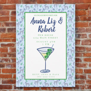 Preppy Zebra Martini Engagement Party Blue Invitation