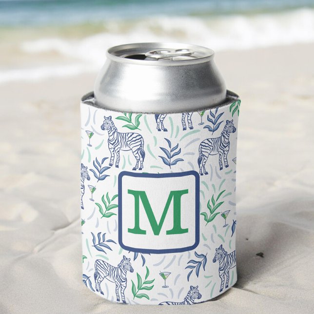 Preppy Zebra Martinis Green Monogram White Can Cooler (Creator Uploaded)