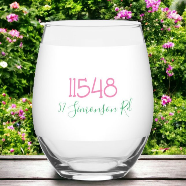 Preppy Zip Code Street Address Personalised Stemless Wine Glass (Creator Uploaded)