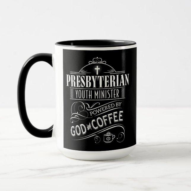 Presbyterian Youth Minister powered by God & Coffe Mug (Left)