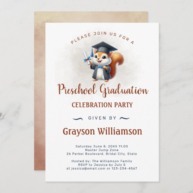 Preschool Boy Graduation Squirrel Invitation (Front/Back)