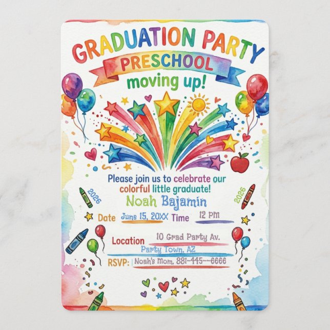 Preschool Fireworks Invite - Grad Party Card (Front)