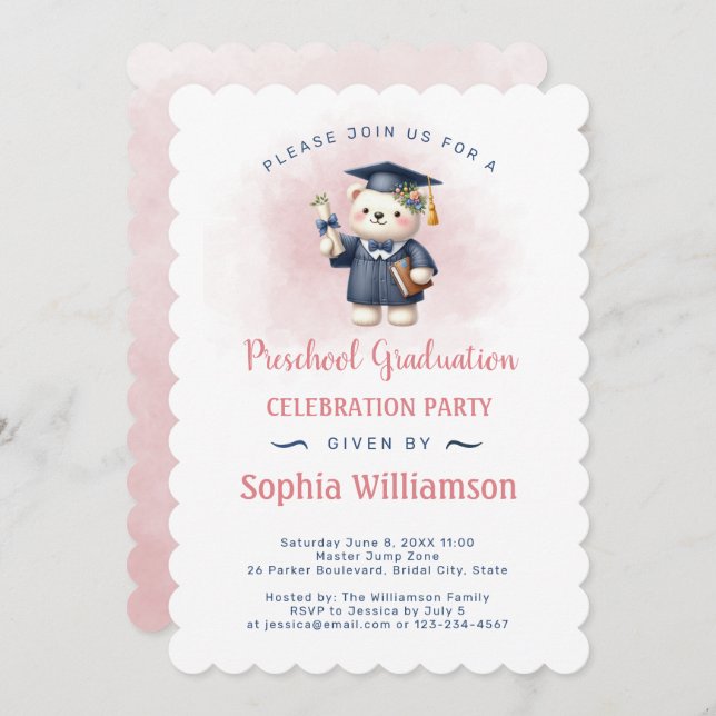 Preschool Girl Graduation Teddy Bear Invitation (Front/Back)
