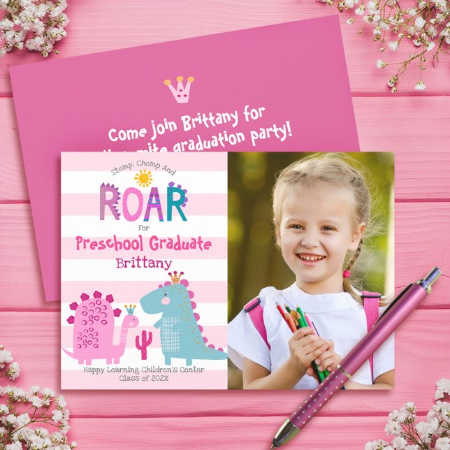 Preschool Graduation Photo Dinosaurs Girl Cute Fun Invitation (Creator Uploaded)