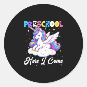 Preschool here come unicorn back to school girl classic round sticker