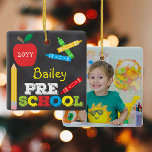 Preschool Keepsake Chalkboard Colourful Kids Photo Ceramic Ornament<br><div class="desc">Pre-K photo ornament design features an apple, a ruler, crayons and bold, colourful fun typography! Click the customise button for more options for modifying the text! Variations of this design, additional colours, as well as coordinating products are available in our shop, zazzle.com/store/doodlelulu. Contact us if you need this design applied...</div>