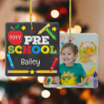 Preschool Keepsake Chalkboard Colourful Kids Photo Ceramic Ornament<br><div class="desc">Pre-school ornament design features an apple, a ruler, crayons and bold, colourful fun typography! Click the customise button for more options for modifying the text! Variations of this design, additional colours, as well as coordinating products are available in our shop, zazzle.com/store/doodlelulu. Contact us if you need this design applied to...</div>