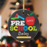 Preschool Keepsake Chalkboard Colourful Kids Photo Ceramic Ornament<br><div class="desc">Pre-K ornament design features an apple, a ruler, crayons and bold, colourful fun typography on the front and a full-photo on the back! Click the customise button for more options for modifying the text! Variations of this design, additional colours, as well as coordinating products are available in our shop, zazzle.com/store/doodlelulu....</div>