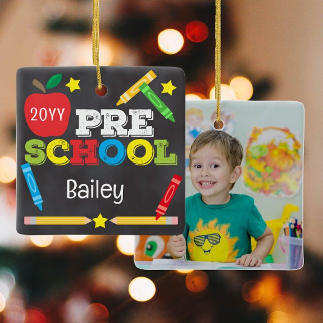 Preschool Keepsake Chalkboard Colourful Kids Photo Ceramic Ornament (Creator Uploaded)
