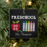 Preschool Teacher 2025 Name Ornament<br><div class="desc">Show your appreciation for the heart of the classroom with this delightful “Preschool 2025” ornament, thoughtfully designed as a teacher gift. Featuring a chalkboard-style background, a bright red apple with “2025” inside, a row of colorful crayons, and bold “PRESCHOOL” lettering, this ornament brings a touch of classroom charm to any...</div>