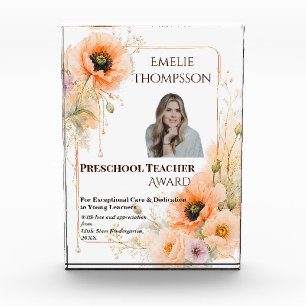 Preschool Teacher Award Floral Photo Elegant Block