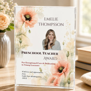 Preschool Teacher Award Floral Photo Elegant Block