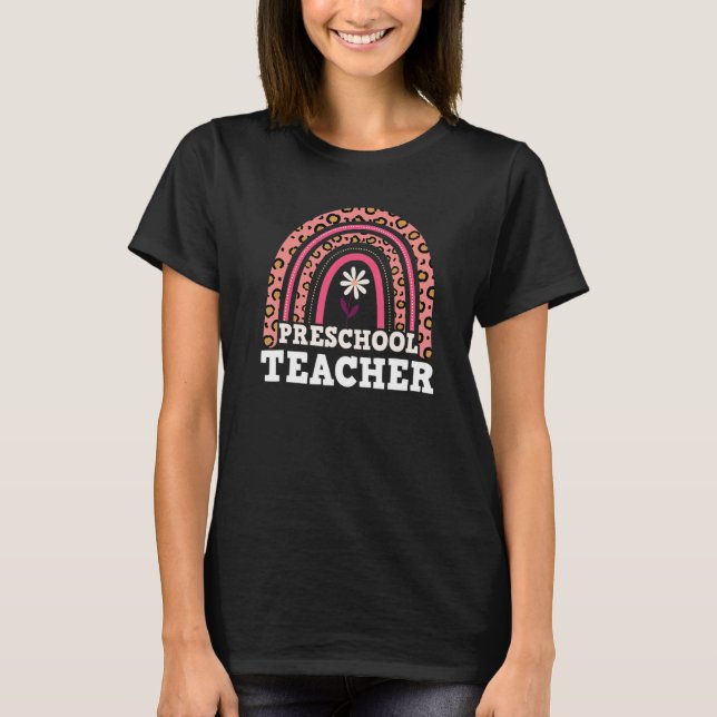 Preschool Teacher Boho Leopard Rainbow Women Teach T-Shirt (Front)
