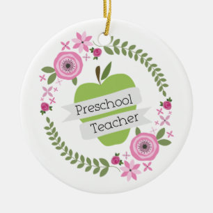 Preschool Teacher Floral Wreath Green Apple Ceramic Tree Decoration