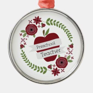 Preschool Teacher  Floral Wreath Red Apple Metal Ornament