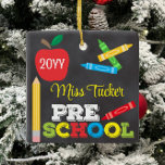 Preschool Teacher Keepsake Chalkboard Colourful Ceramic Ornament<br><div class="desc">Pre-K teacher ornament design features an apple, a ruler, crayons and bold, colourful fun typography! Click the customise button for more options for modifying the text! Variations of this design, additional colours, as well as coordinating products are available in our shop, zazzle.com/store/doodlelulu. Contact us if you need this design applied...</div>