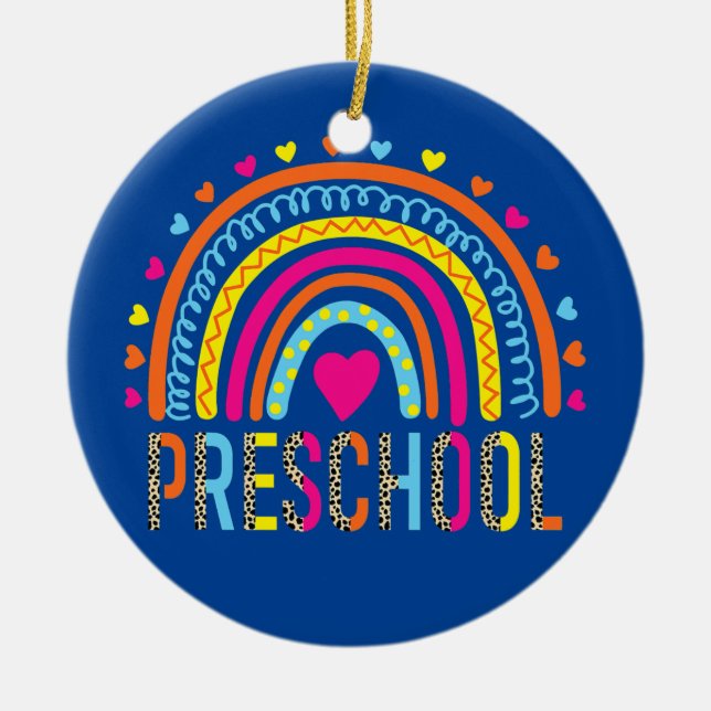Preschool Teacher Leopard Rainbow Back To School  Ceramic Ornament (Front)