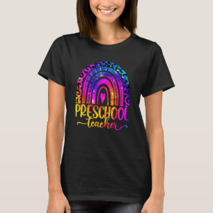 Preschool Teacher Leopard Tie Dye Rainbow Back To  T-Shirt