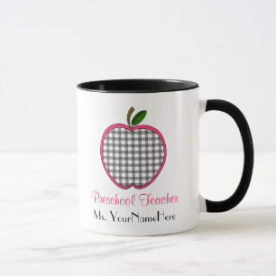 Preschool Teacher Mug - Grey Gingham Apple w Pink
